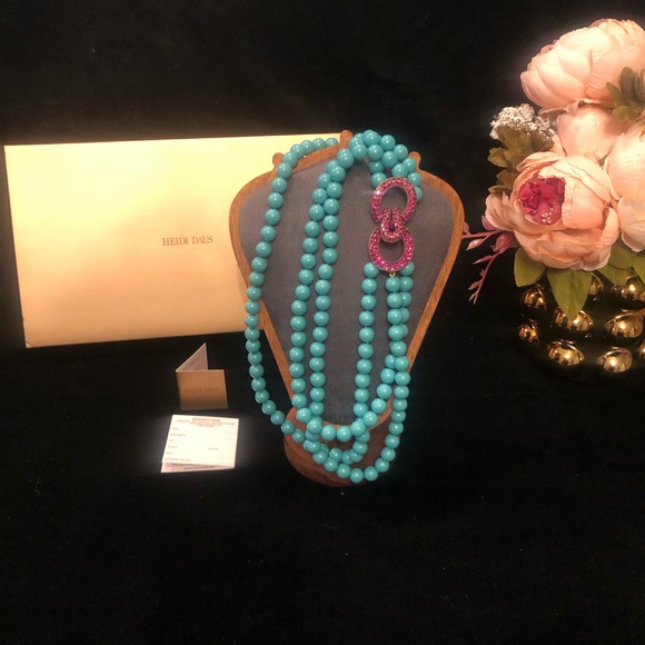 NIB Heidi Daus Turquoise Multi-Strand Bead Necklace with Pink Swarovski Clasp - Picture 4 of 7